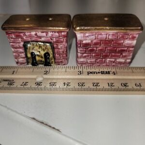 Vintage Dana Sue Ceramic Fireplace Salt and Pepper Shakers Pink Gold Brick USA